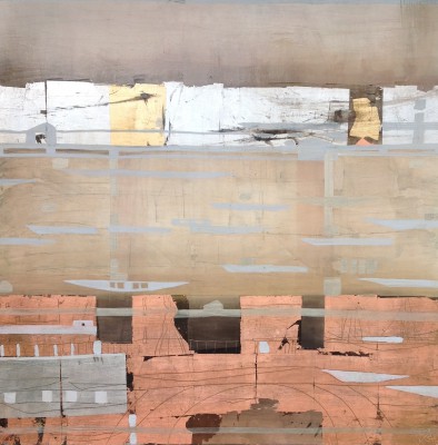 Docks I , 2014. 100x100cm, Öl/Lack/Schlagmetall-MT auf Holz