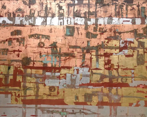 Vor nicht allzulanger Zeit in Kalifornien , 2014. 120x150 cm, Öl/Lack/Schlagmetall-MT auf Leinwand
